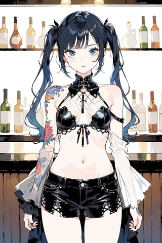 
Girl with long black hair, blue eyes, twin pigtails, with small tattoos, black shoulderless gothic style blouse, showing her navel, medium breasts, black shorts, in a bar Colorful and detailed image, masterpiece, best quality, aesthetic,


