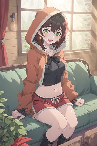 nier anime style illustration, best quality, masterpiece High resolution, good detail, bright colors, HDR, 4K. Dolby vision high. 

Little Red Riding Hood (short straight brown hair, green eyes, freckles, blushing, green earrings)

Red  crop top 
Red  crop top 
Showing breasts, exposed breasts 

Showing navel, exposed navel 

small breasts 

Black booties 

Black bow on the chest 

Flirty smile (yandere smile). Happy, excited. Open mouth

Showing long fangs, long exposed fangs 

Inside an old fairy tale style log cabin 
 
Red sofa by the window

Sitting 

  

Hooded 

Red hood 

Red hood 
Red shorts 

Sunrise 

Intense sun rays