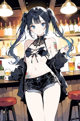 
Girl with long black hair, blue eyes, twin pigtails, with small tattoos, black shoulderless gothic style blouse, showing her navel, medium breasts, black shorts, in a bar Colorful and detailed image, masterpiece, best quality, aesthetic,


