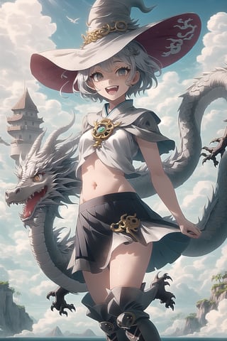  best quality, masterpiece

White Oriental Dragon Girl with short hair, white eyes, freckles. Short transparent gray blouse, revealing the navel, silver skirt, gray punk style boots. On a small island floating in the sky. It is surrounded by more islands in the sky. Sunny with wind, white witch hat, happy, excited, confident, powerful 

