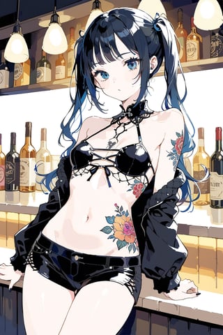 
Girl with long black hair, blue eyes, twin pigtails, with small tattoos, black shoulderless gothic style blouse, showing her navel, medium breasts, black shorts, in a bar Colorful and detailed image, masterpiece, best quality, aesthetic,


