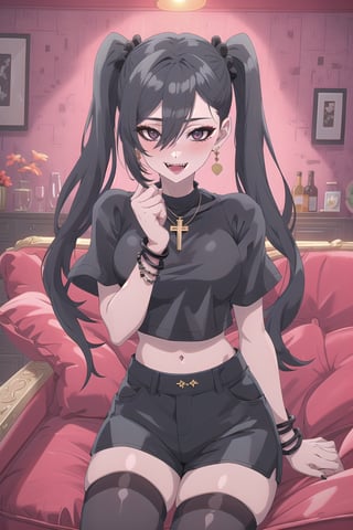 nier anime style illustration, best quality, masterpiece High resolution, good detail, bright colors, HDR, 4K. Dolby vision high.

Girl with long straight black hair, long twin pigtails, (hair covering one eye), black eyes, blushing, black cross-shaped earrings, black necklace, black bracelets on both wrists

Black crop top

small breasts  

Showing navel, exposed navel 

Black shorts 

Sheer black stockings 

Elegant punk style black boots 

Inside an elegant house with red walls and gothic retros on the wall 

Dark red sofa

Sitting

Flirty smile (yandere smile). Happy, excited. Open mouth 

Showing fangs, exposed fangs 

Selfie
