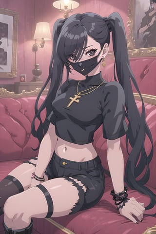 nier anime style illustration, best quality, masterpiece High resolution, good detail, bright colors, HDR, 4K. Dolby vision high.

Girl with long straight black hair, long twin pigtails, (hair covering one eye), black eyes, blushing, black cross-shaped earrings, black necklace, black bracelets on both wrists

Black crop top

small breasts  

Showing navel, exposed navel 

Black shorts 

Sheer black stockings 

Elegant punk style black boots 

Inside an elegant house with red walls and gothic retros on the wall 

Dark red sofa

Sitting





Selfie

Black face mask 