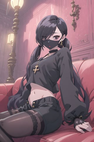 nier anime style illustration, best quality, masterpiece High resolution, good detail, bright colors, HDR, 4K. Dolby vision high.

Girl with long straight black hair, long twin pigtails, (hair covering one eye), black eyes, blushing, black cross-shaped earrings, black necklace, black bracelets on both wrists

Black crop top

small breasts  

Showing navel, exposed navel 

Black shorts 

Sheer black stockings 

Elegant punk style black boots 

Inside an elegant house with red walls and gothic retros on the wall 

Dark red sofa

Sitting





Selfie

Black face mask 

View from below