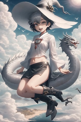  best quality, masterpiece

White Oriental Dragon Girl with short hair, white eyes, freckles. Short transparent gray blouse, revealing the navel, silver skirt, gray punk style boots. On a small island floating in the sky. It is surrounded by more islands in the sky. Sunny with wind, white witch hat, happy, excited, confident, powerful 

