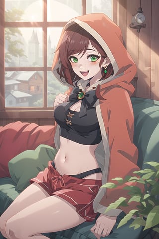 nier anime style illustration, best quality, masterpiece High resolution, good detail, bright colors, HDR, 4K. Dolby vision high. 

Little Red Riding Hood (short straight brown hair, green eyes, freckles, blushing, green earrings)

Red steampunk style crop top 

Showing breasts, exposed breasts 

Showing navel, exposed navel 

small breasts 

Black booties 

Black bow on the chest 

Flirty smile (yandere smile). Happy, excited. Open mouth

Showing long fangs, long exposed fangs 

Inside an old fairy tale style log cabin 
 
Red sofa by the window

Sitting 

  

Hooded 

Red hood 

Red hood 
Red shorts 

Sunrise 

Intense sun rays