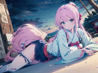 (masterpiece,  best quality:1.2),  1girl, pink hair, long_ponytail, light_blue_eyes, shrine_maiden, night, japanese_clothes, lying_down, home,  thigh_highs, HDR,  highres, Blue_reason