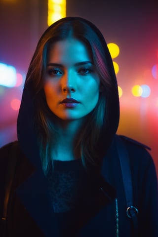 city street, neon, fog, volumetric, closeup portrait photo of young woman in dark clothes