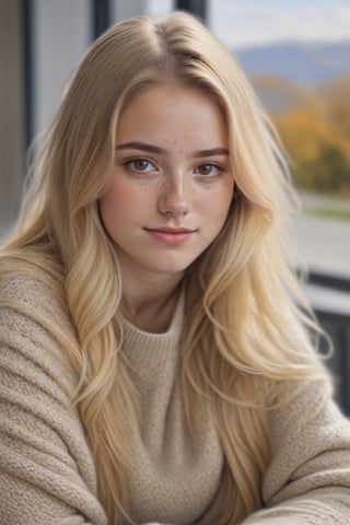 1girl, solo, long hair, looking at viewer, smile, blonde hair, sitting, blurry, sweater, lips, head tilt, realistic,Realism