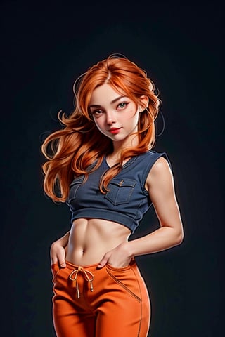 (1 cute girl:1.5), (pretty girl), loose hair, (orange hair:1.5), beautiful eyes, symmetrical, detailed, (eyelashes:1.2), (aegyo sal makeup:1.2), bright smile, (red lips:1.3), (detailed face), (small breasts:1.3) (toned belly:1.3), (wearing top:1.5), (capri sweatpants:1.5), (hands in pockets:1.5 ), immersive background, volumetric haze, global illumination, soft lights, natural lighting, (realistic:1.5), (4k, digital art, masterpiece), high detail digital painting, lifelike, (highest quality), (soft shadows), (best character graphics), ultrahigh resolution, highly detailed digital graphics, physics-based rendering, realism with an artistic flair, vibrant colors, f2.2 lens, soft palette, natural beauty.,RedHoodWaifu