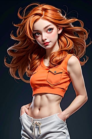 (1 cute girl:1.5), (pretty girl), loose hair, (orange hair:1.5), beautiful eyes, symmetrical, detailed, (eyelashes:1.2), (aegyo sal makeup:1.2), bright smile, (red lips:1.3), (detailed face), (small breasts:1.3) (toned belly:1.3), (wearing top:1.5), (capri sweatpants:1.5), (hands in pockets:1.5 ), immersive background, volumetric haze, global illumination, soft lights, natural lighting, (realistic:1.5), (4k, digital art, masterpiece), high detail digital painting, lifelike, (highest quality), (soft shadows), (best character graphics), ultrahigh resolution, highly detailed digital graphics, physics-based rendering, realism with an artistic flair, vibrant colors, f2.2 lens, soft palette, natural beauty.,RedHoodWaifu