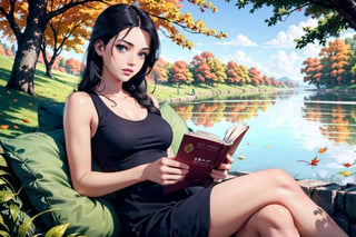 in front of the lake, a pretty girl sitting under the tree, reading book, perfect eyes, looking cozy, it is winding weather, falling leaves,  in studio ghibli style, FF7 style