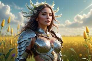 hyperrealistic full length portrait of gorgeous goddess | standing in field full of flowers | detailed gorgeous face!! | full body!! | skimpy armor | god rays | intricate | elegant | realistic | hyperrealistic | cinematic | character design | concept art | highly detailed | illustration | digital art | digital painting | depth of field