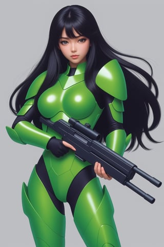 Girl with long black hair, wearing bright green futuristic armor that barely covers her, 80s anime style, holding rifle,<lora:659095807385103906:1.0>