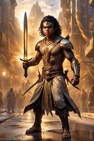 masterpiece, best quality, photorealistic, raw photo,
A 16-year-old boy, wearing traditional Aboriginal clothing, surrounded by golden light, stood in the urban streets of the United States, holding a glowing sword in his hand, and there was an evil monster as big as a mountain in front of him. Open your mouth and roar.