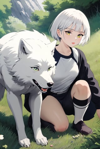 masterpiece, best quality, photorealistic, raw photo,
A beautiful girl with short white hair squatted on the 遼闊的草原, 撫摸 a silver-white wolf . The sky was clear and sunny, and the grass was full of flowers of various colors.
