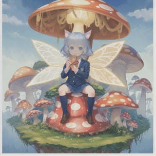 masterpiece, best quality, photorealistic, raw photo,one cute baby cat，put on the student uniform ,sit on big mushroom，eating hamburger , blue sky，fairy tale town,