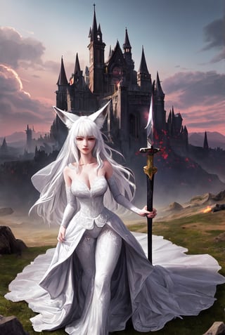 masterpiece, best quality, photorealistic, raw photo,A beautiful white-haired girl with fox ears, wearing a bridal gown and right hand  holding a flaming sword , left hand holding bible, stood on the top of the hill, look at the Demon King's Castle in the distance. 