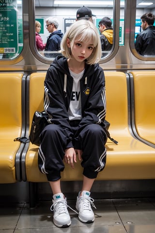 yellow_jacket, 1girl,  oversized_clothes , white_hair , sneakers , sitting inside a subway