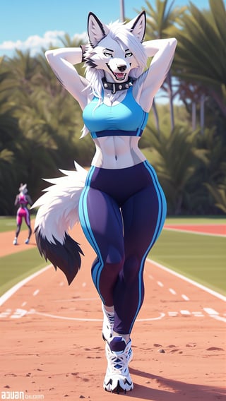 Solo, furry, anthro, wolf, wolf, black body, white body, black fur, white fur, long white hair, regular_breasts , spike_collar, perfect_eyes, perfect_curvy_figure, Standing, posing, stretching, perfect_hands, seductive look,smiling,outdoors, tail, ice_wolf_(species),nj5furry, sports bra and sports leggings, yawning ,hourglass body shape