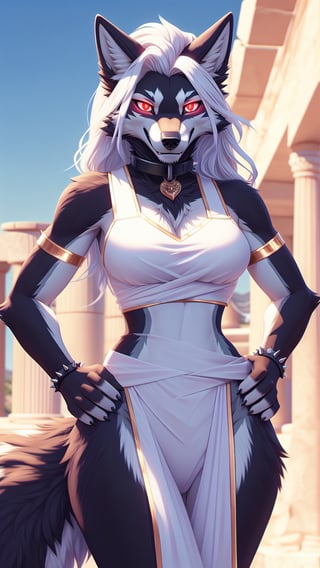 Solo, furry, anthro, wolf, wolf, black body, white body, black fur, white fur, long white hair, regular_breasts , spike_collar, perfect_eyes, red eyes, glowing eyes, perfect_curvy_figure, Standing, posing, hands on hips, perfect_hands, seductive look,smiling,outdoors, tail, ice_wolf_(species),nj5furry, ancient greek outfit,hourglass body shape