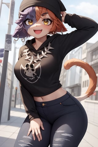 masterpiece, best quality, facial portrait of a female anthro meow skull, detailed face, detailed eyes,  cropped pupils, happy, detailed , [smile, [spiked necklace], standing, standing, looking at the viewer, outside, neighborhood in the background, coquettish expression, somewhat large thighs,posing, Winking eye,beanie,amber/yellow eyes,black eyeshadow,cat ears,fish hook piercing,black hoodie,striped sleeves,necklace,bandolier,black jeans, torn jeans,wallet chain,cat tail,meowskulls