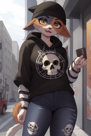 masterpiece, best quality, facial portrait of a female anthro meow skull, detailed face, detailed eyes,  cropped pupils, happy, detailed , [smile, [spiked necklace], standing, standing, looking at the viewer, outside, neighborhood in the background, coquettish expression, somewhat large thighs,posing, Winking eye,beanie,amber/yellow eyes,black eyeshadow,cat ears,fish hook piercing,black hoodie,striped sleeves,necklace,bandolier,black jeans, torn jeans,wallet chain,cat tail,meowskulls