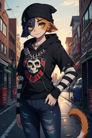 masterpiece, best quality, facial portrait of a female anthro meow skull, detailed face, detailed eyes,  cropped pupils, happy, detailed , [smile, [spiked necklace], standing, standing, looking at the viewer, outside, neighborhood in the background, coquettish expression, somewhat large thighs,posing, Winking eye,beanie,amber/yellow eyes,black eyeshadow,cat ears,fish hook piercing,black hoodie,striped sleeves,necklace,bandolier,black jeans, torn jeans,wallet chain,cat tail,meowskulls