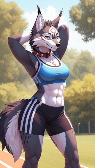 Solo, furry, anthro, wolf, wolf, black body, white body, black fur, white fur, red amaterasu markings, regular_breasts , spike_collar, perfect_eyes, perfect_curvy_figure, Standing, posing, hands behind head, perfect_hands, seductive look,smiling,outdoors, tail, lynx ,nj5furry, sports bra and sports short