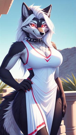 Solo, furry, anthro, wolf, wolf, black body, white body, black fur, white fur, long white hair, regular_breasts , spike_collar, perfect_eyes, red eyes, glowing eyes, perfect_curvy_figure, Standing, posing, hands on hips, perfect_hands, seductive look,smiling,outdoors, tail, ice_wolf_(species),nj5furry, ancient greek outfit,hourglass body shape