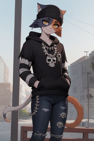 masterpiece, best quality, facial portrait of a female anthro meow skull, detailed face, detailed eyes,  cropped pupils, happy, detailed , [smile, [spiked necklace], standing, standing, looking at the viewer, outside, neighborhood in the background, coquettish expression, somewhat large thighs,posing, Winking eye,beanie,amber/yellow eyes,black eyeshadow,cat ears,fish hook piercing,black hoodie,striped sleeves,necklace,bandolier,black jeans, torn jeans,wallet chain,cat tail,meowskulls