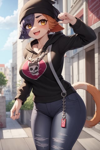 masterpiece, best quality, facial portrait of a female anthro meow skull, detailed face, detailed eyes,  cropped pupils, happy, detailed , [smile, [spiked necklace], standing, standing, looking at the viewer, outside, neighborhood in the background, coquettish expression, somewhat large thighs,posing, Winking eye,beanie,amber/yellow eyes,black eyeshadow,cat ears,fish hook piercing,black hoodie,striped sleeves,necklace,bandolier,black jeans, torn jeans,wallet chain,cat tail,meowskulls