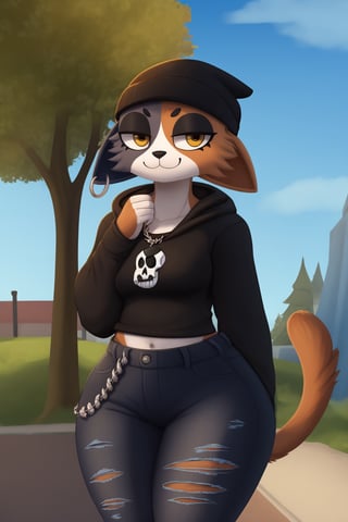 masterpiece, best quality, facial portrait of a female anthro meow skull, detailed face, detailed eyes,  cropped pupils, happy, detailed , [smile, [spiked necklace], standing, standing, looking at the viewer, outside, neighborhood in the background, coquettish expression, somewhat large thighs,posing, Winking eye,beanie,amber/yellow eyes,black eyeshadow,cat ears,fish hook piercing,black hoodie,striped sleeves,necklace,bandolier,black jeans, torn jeans,wallet chain,cat tail,meowskulls