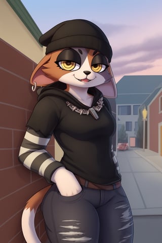 masterpiece, best quality, facial portrait of a female anthro meow skull, detailed face, detailed eyes,  cropped pupils, happy, detailed , [smile, [spiked necklace], standing, standing, looking at the viewer, outside, neighborhood in the background, coquettish expression, somewhat large thighs,posing, Winking eye,beanie,amber/yellow eyes,black eyeshadow,cat ears,fish hook piercing,black hoodie,striped sleeves,necklace,bandolier,black jeans, torn jeans,wallet chain,cat tail,meowskulls