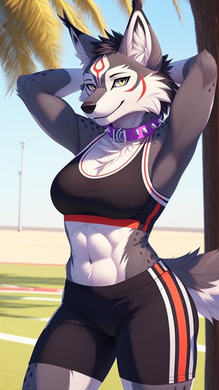 Solo, furry, anthro, wolf, wolf, black body, white body, black fur, white fur, red amaterasu markings, regular_breasts , spike_collar, perfect_eyes, perfect_curvy_figure, Standing, posing, hands behind head, perfect_hands, seductive look,smiling,outdoors, tail, lynx ,nj5furry, sports bra and sports short