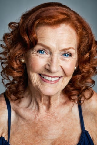 slim model a 80 years oldest grandmother light smile, perfect white all teeth, with wrinkles, long red hair curls worked in detail, black makup, blue eyes, half body naked, bokeh, big sagging breasts, hyperdetailed photography, soft light, 16k, photo r3al, studio photography light gray background for porn magazine, in studio photography with light gray background