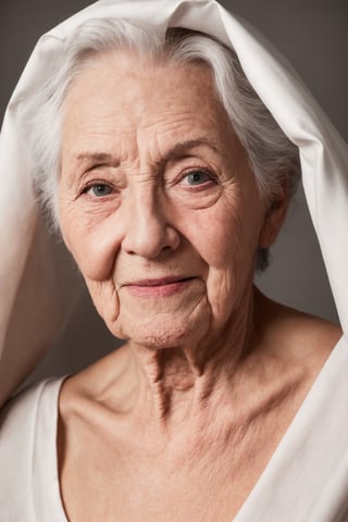 A face 90 year old granny, beautiful, pussy and with a well-defined body anatomy, the photography studio with white cloth, photorealistic, photo r3al