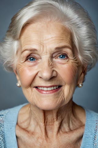 beautiful slim model a 99 years oldest grandmother light smile, eyes and lips, she became more beautiful, perfect white all teeth, with wrinkles, very short straight hair, black makup, blue eyes, half body naked, bokeh, big sagging breasts, hyperdetailed photography, soft light, 16k, photo r3al, studio photography light gray background 