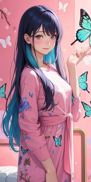 A young beauty leaned against the colorful walls in a popular-style private room with flat lines with butterfly patterns, kind smiles, bangs, long soft hair, detailed and realistic clothes, soft tones, only four colors, one ncg,