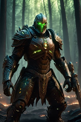 spartan style,A brown bear is wearing armor, its eyes are glowing green (study the surrounding glow), and its body is burning with fire. The brown bear roared to the left deep in the woods. Night, Mystery, More Detail XL, Monster, Leonardo Style,DonMBl00mingF41ryXL ,hdsrmr,Clay animation,HellAI