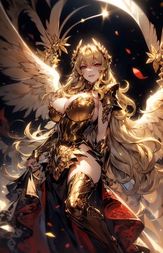 (((Olympus background))), (night), (((blonde_hair:1.3))), (longhairstyle:1.4), ((red eyes)), ((1 mature woman:1.3)), (busty), large breasts, best quality, extremely detailed, HD, 8k, (evil smile), (evil face), (golden_armor),  angel_wings, sfw, (red lips),1 girl,GdClth,1girl,leoarmor