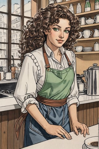 a Parisian Barista: Café, making espresso, curly brown hair, green eyes, light skin, casual pose, apron, chic blouse, jeans, epic light,Ukiyo-e