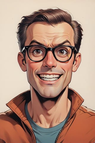 typical 1950s-1960s American comic art style portrait. ((fun, happy)) male character, around 42yo, receding grey and brown hair on the sides,, with round glasses, The style maintains clean, bold lines with minimal shading, typical of mid-20th-century comics. The use of bright, contrasting colors highlights the nerdy character, while his facial expression communicates happiness and excitement. Artistic References: The art style is reminiscent of adventure comic artists like John Romita Sr. and Gene Colan, who were adept at depicting vivid, action-oriented scenes with clear and impactful visuals. This cover effectively uses classic comic design principles to showcase a happy single male character,<lora:659095807385103906:1.0>