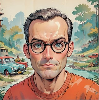 typical 1950s-1960s American comic art style portrait. ((pensive)) but slightly smirking male character, around 38yo, receding grey hair on the sides,, with round glasses, The style maintains clean, bold lines with minimal shading, typical of mid-20th-century comics. The use of bright, contrasting colors highlights the nerdy character, while his facial expression communicates happiness and excitement. Artistic References: The art style is reminiscent of adventure comic artists like John Romita Sr. and Gene Colan, who were adept at depicting vivid, action-oriented scenes with clear and impactful visuals. This cover effectively uses classic comic design principles to showcase a inventive male inventor character,vintagepaper,Comic Book-Style 2d,painting,Flat vector art,Vector illustration,Illustration,p3ntc0m1c,chinese ink drawing,rubber_hose_character