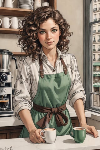 a Parisian Barista: Café, making espresso, curly brown hair, green eyes, light skin, casual pose, apron, chic blouse, jeans, epic light,Ukiyo-e