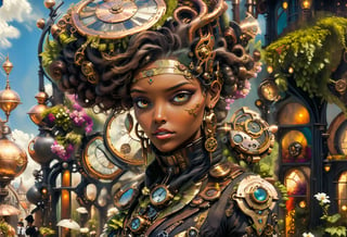 A majestic Black woman with a regal bearing, previously wearing golden royal attire, is now depicted in a steampunk setting. She stands in a vibrant street on Paradise, amidst an architecture that is a fusion of beautiful gardens and futuristic residences. The buildings are the most exquisite, with elements of advanced technology like UFO landing pads blended with Victorian aesthetics. It's spring, so the gardens are alive with blooms. Ethereal spirits mingle with humans, all engaging in various activities. The scene is illuminated by the gentle light of morning, casting a soft glow over the smooth, vivid colors of the surroundings. The atmosphere is complex and detailed, capturing the essence of a steampunk utopia.