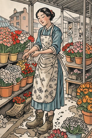 a Dutch Florist: Flower market, arranging bouquets, canvas apron, floral dress, mud-splattered boots, illustration, comic, epic light,Ukiyo-e