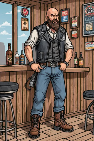 (pixel style), of a Austin Biker Bar Owner: Rustic bar, serving rough clientele, bald with a thick beard, steely blue eyes, leathered skin, authoritative demeanor, biker vest, dark jeans, motorcycle boots, illustration 