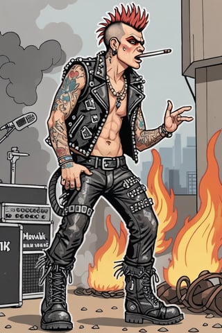 (pixel style), of a London Punk Rocker: Underground gig, moshing with fans, Mohawk, intense hazel eyes, tattooed skin, energetic performance, studded leather vest, plaid trousers, heavy-duty boots, fire, smoke, illustration 