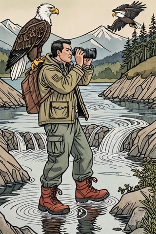 a Canadian Wildlife Photographer: Riverside, photographing eagle, waterproof jacket, cargo pants, waterproof boots, illustration, comic, epic light,Ukiyo-e